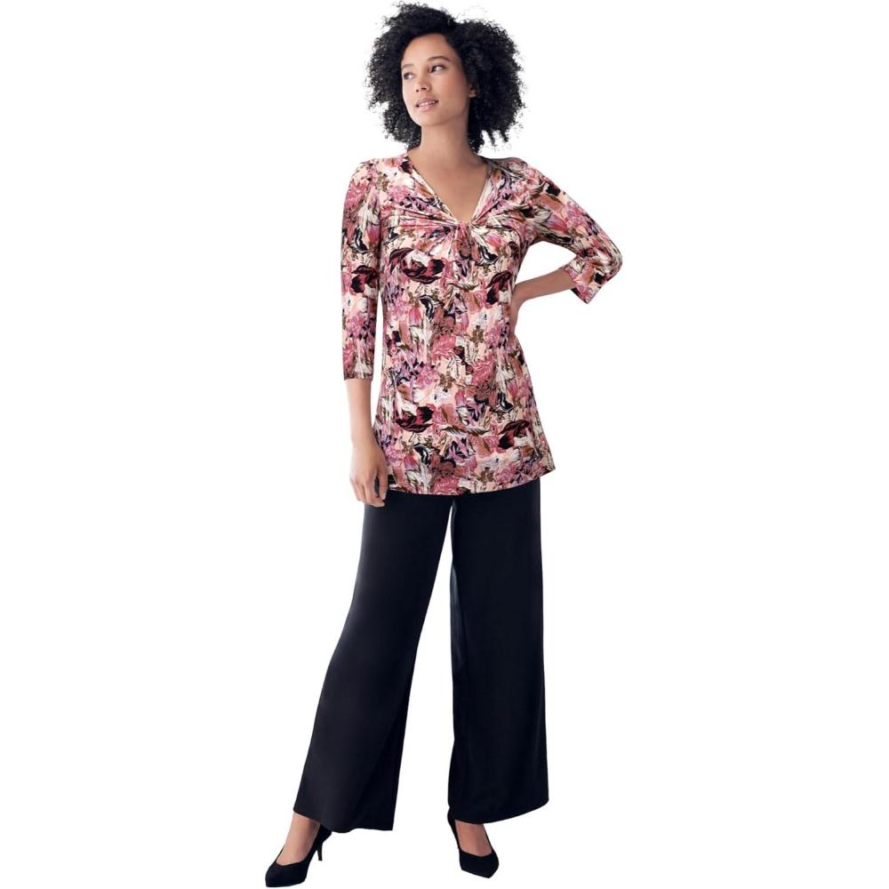 image:imageellos Plus Size Stretch Knit VNeck 34 Sleeve Knot Front TunicDusty Pink Print