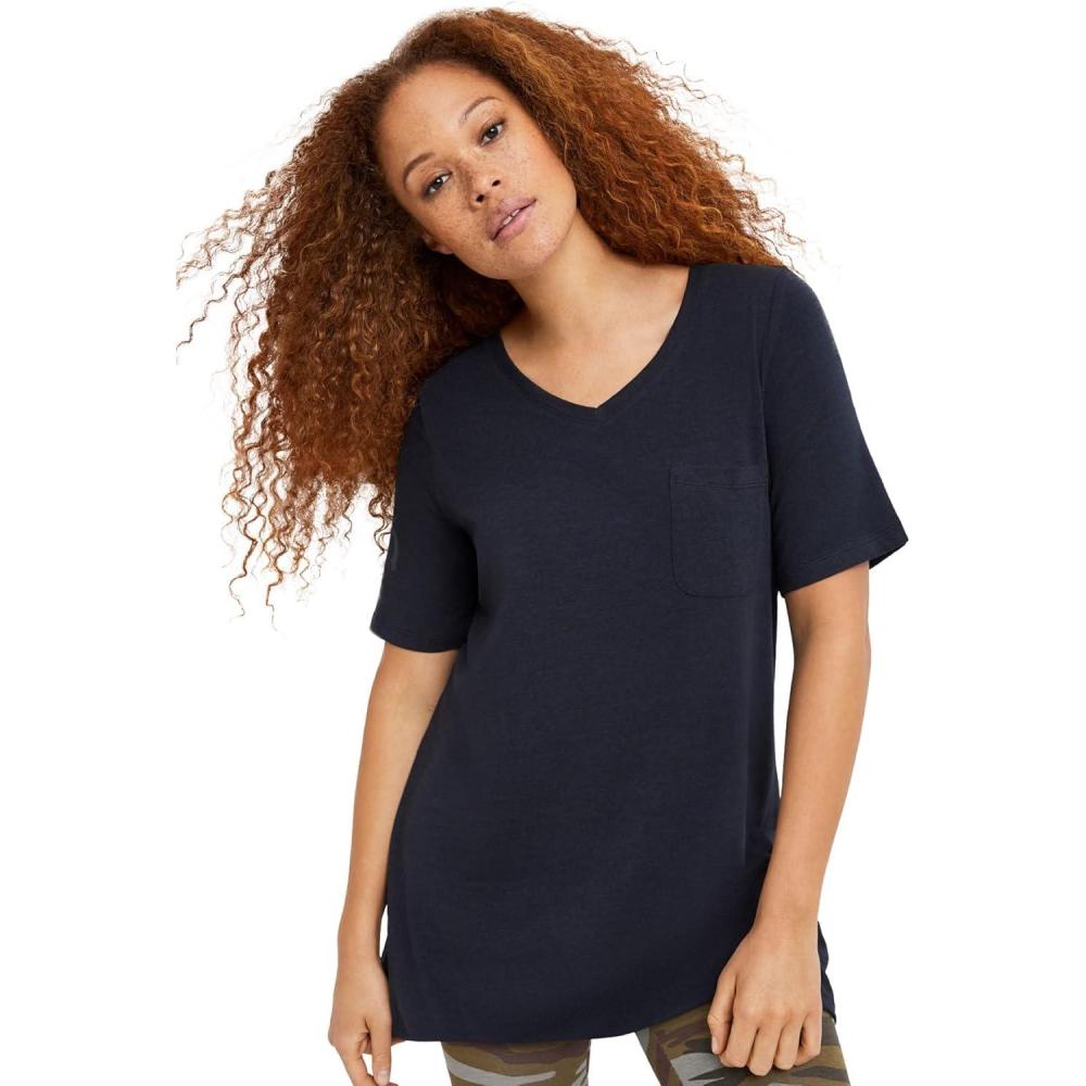 image:imageellos Plus Size Stretch Knit VNeck Short Sleeve Chest Pocket TunicBlack