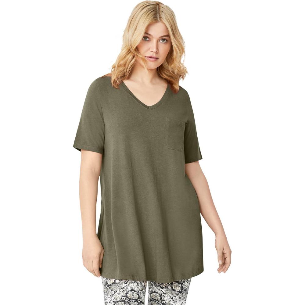 image:imageellos Plus Size Stretch Knit VNeck Short Sleeve Chest Pocket TunicBurnt Olive