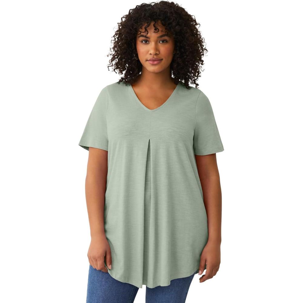 image:imageellos Plus Size VNeck Inverted Pleat Tunic With Curved HemDesert Sage