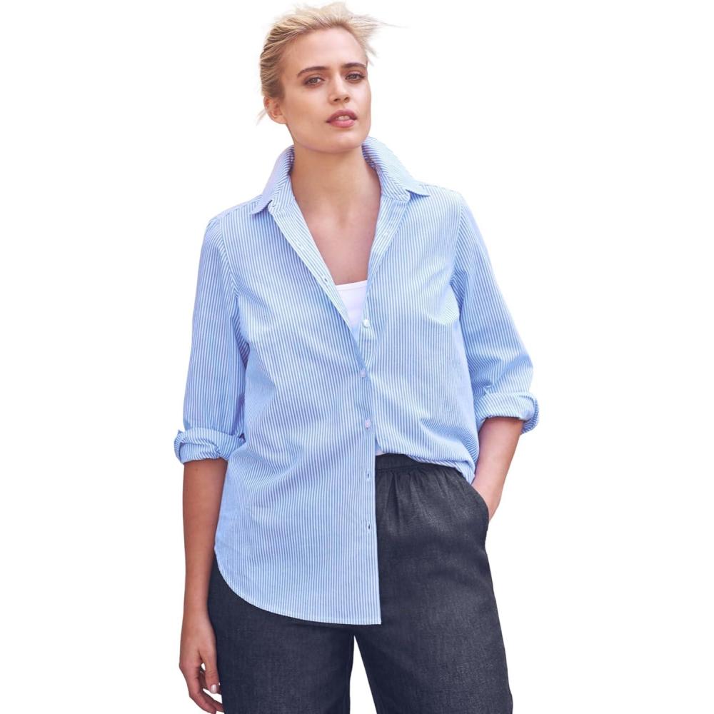 image:imageellos Womens Plus Size Long Sleeve ButtonDown Shirt Oversized Tunic BlouseFrench Blue White Stripe