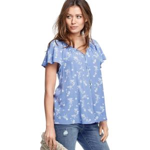Ellos Plus Size Flutter Sleeve Blouse(Plum Blue Floral Print)