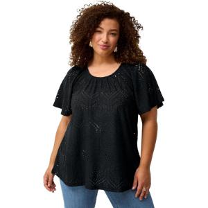 Ellos Plus Size Flutter Sleeve Knit Eyelet Tunic(Black)