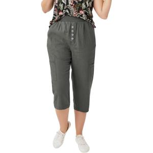 Ellos Plus Size Ribbed Elastic Waist Linen-Blend Capris(Olive Grey)