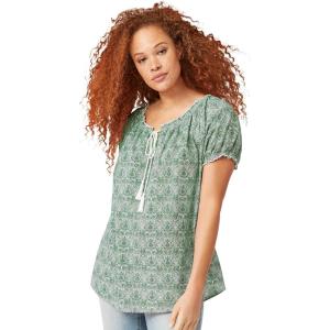Ellos Plus Size Ruffle Trim Peasant Blouse(Tropical Green Medallion)