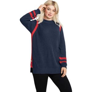 Ellos Plus Size Side Stripe Mockneck Sweater(Navy)