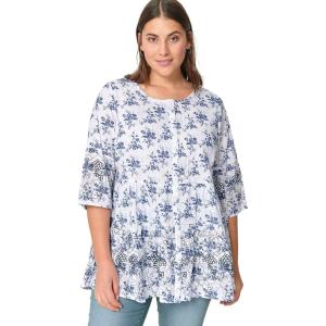 Ellos Plus Size Tiered Floral 3/4 Sleeve Tunic(White Navy Print)