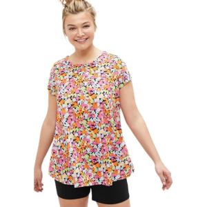 ellos Plus Size Cotton Jersey Slub Cap Sleeve Trapeze Tee(Black Multi Floral)