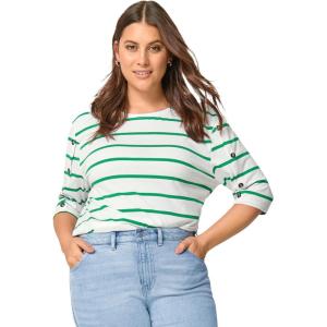 ellos Plus Size Cotton Spandex Boat Neck 3/4 Sleeve Button Trim Tee(White Kelly Green Stripe)