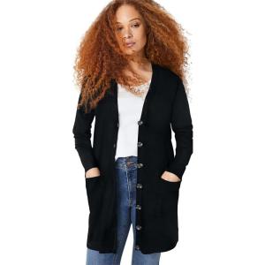 ellos Plus Size Long Button Front Cardigan(Black)