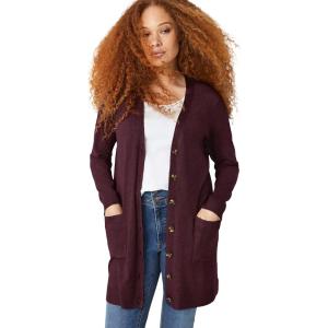 ellos Plus Size Long Button Front Cardigan(Deep Merlot)