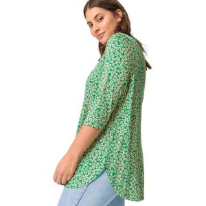 ellos Plus Size Stretch Knit Scoop Neck 3/4 Sleeve Curved Hem Tunic(Kelly Green Floral)