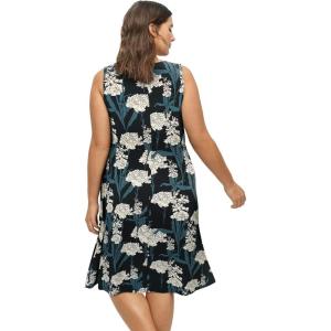 ellos Plus Size Stretch Knit Scoop Neck Sleeveless Fit and Flare Dress(Black Ivory Floral)
