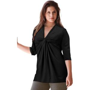 ellos Plus Size Stretch Knit V-Neck 3/4 Sleeve Knot Front Tunic(Black)
