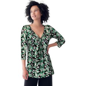 ellos Plus Size Stretch Knit V-Neck 3/4 Sleeve Knot Front Tunic(Black Green Leaf Print)