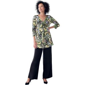 ellos Plus Size Stretch Knit V-Neck 3/4 Sleeve Knot Front Tunic(Black Pastel Floral)