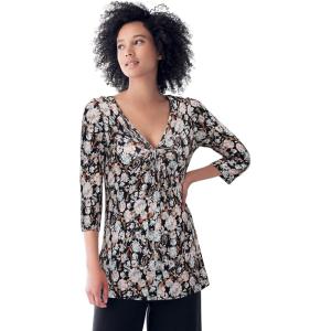 ellos Plus Size Stretch Knit V-Neck 3/4 Sleeve Knot Front Tunic(Black Pink Floral)