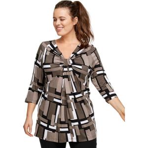 ellos Plus Size Stretch Knit V-Neck 3/4 Sleeve Knot Front Tunic(Black White Print)