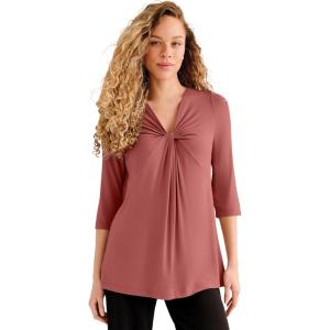 ellos Plus Size Stretch Knit V-Neck 3/4 Sleeve Knot Front Tunic(Shadow Rose)