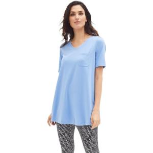ellos Plus Size Stretch Knit V-Neck Short Sleeve Chest Pocket Tunic(French Blue)