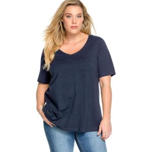 ellos Plus Size Stretch Knit V-Neck Short Sleeve Tunic(Navy)