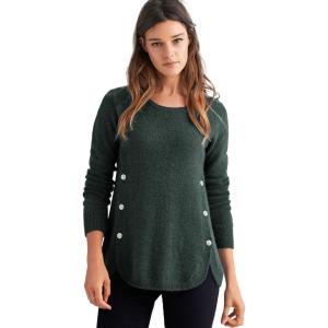 ellos Plus Size Stretch Scoop Neck Curved Hem with Buttons Pullover Sweater(Deep Emerald)