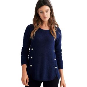 ellos Plus Size Stretch Scoop Neck Curved Hem with Buttons Pullover Sweater(Marine Blue)
