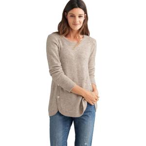 ellos Plus Size Stretch Scoop Neck Curved Hem with Buttons Pullover Sweater(Stone)