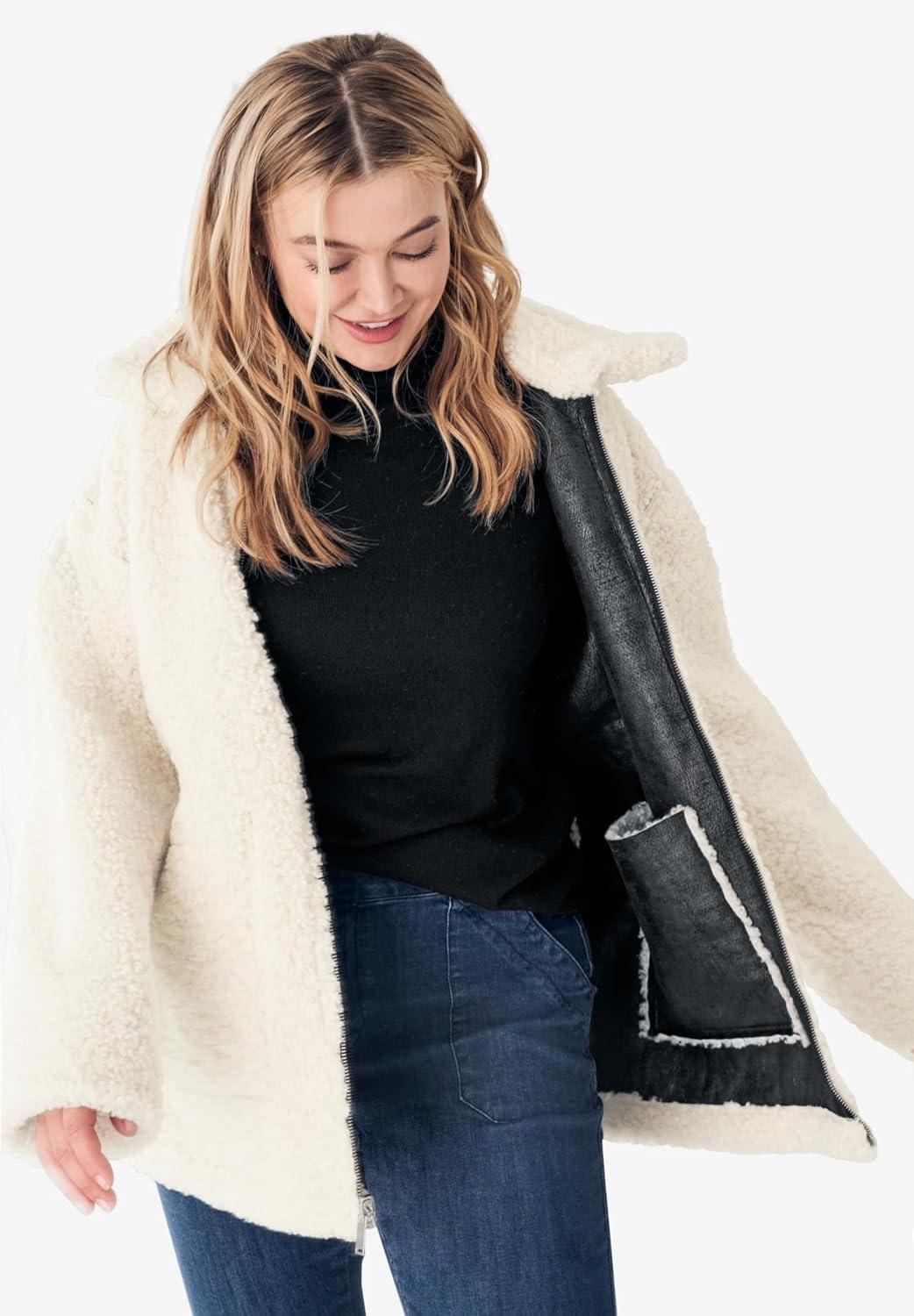 image:imageEllos Plus Size Reversible Faux Suede Sherpa JacketBlack Ivory