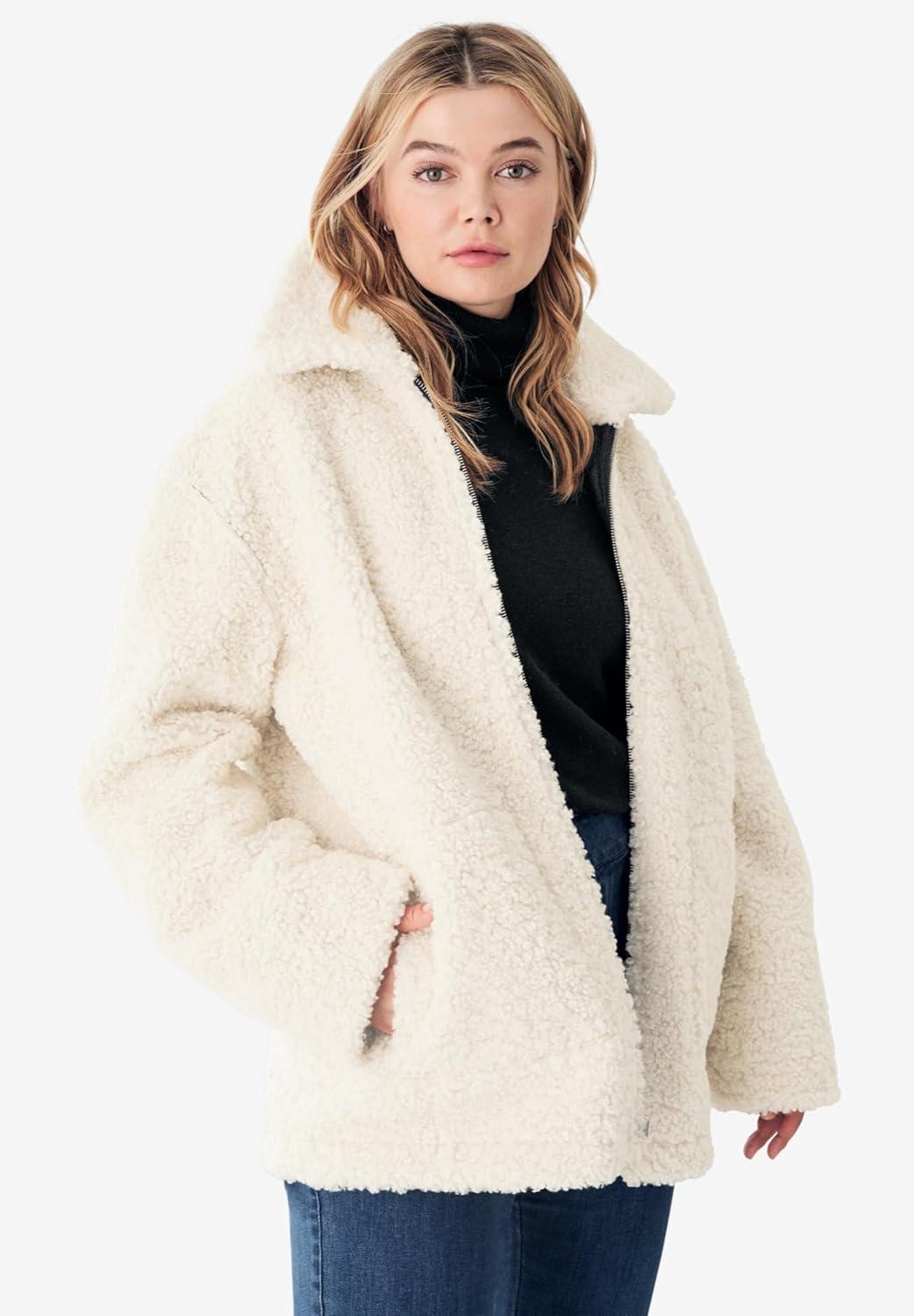 image:imageEllos Plus Size Reversible Faux Suede Sherpa JacketBlack Ivory