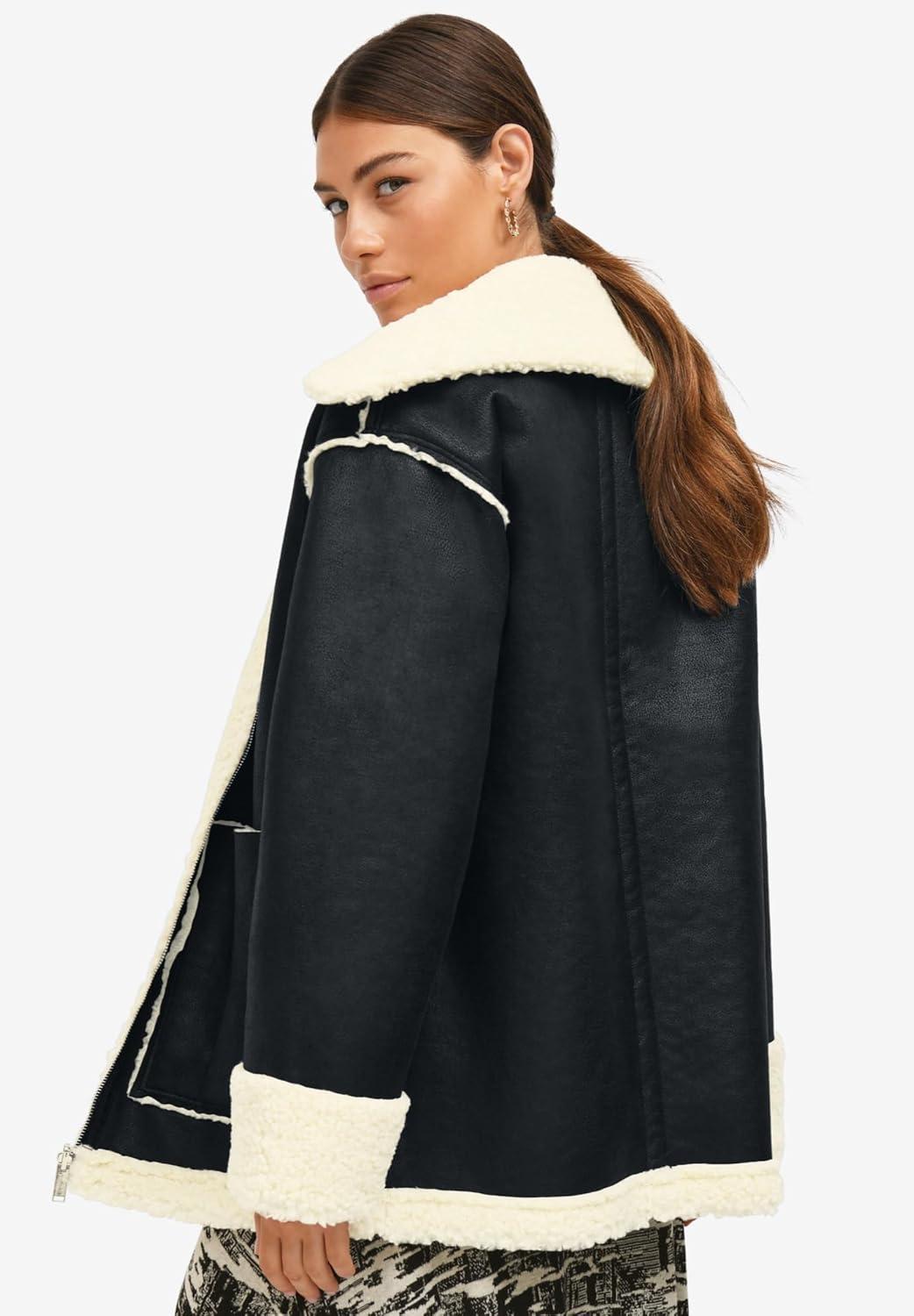 image:imageEllos Plus Size Reversible Faux Suede Sherpa JacketBlack Ivory