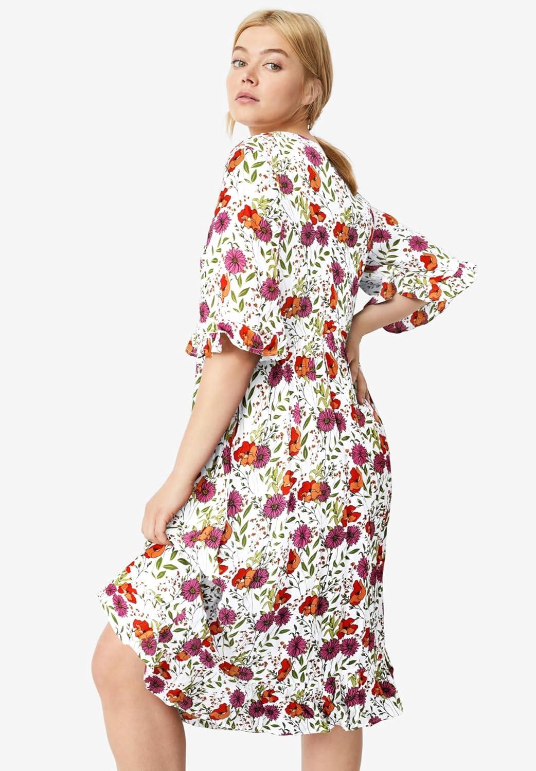 image:imageEllos Plus Size Ruffled Empire DressBlack White Rose Print