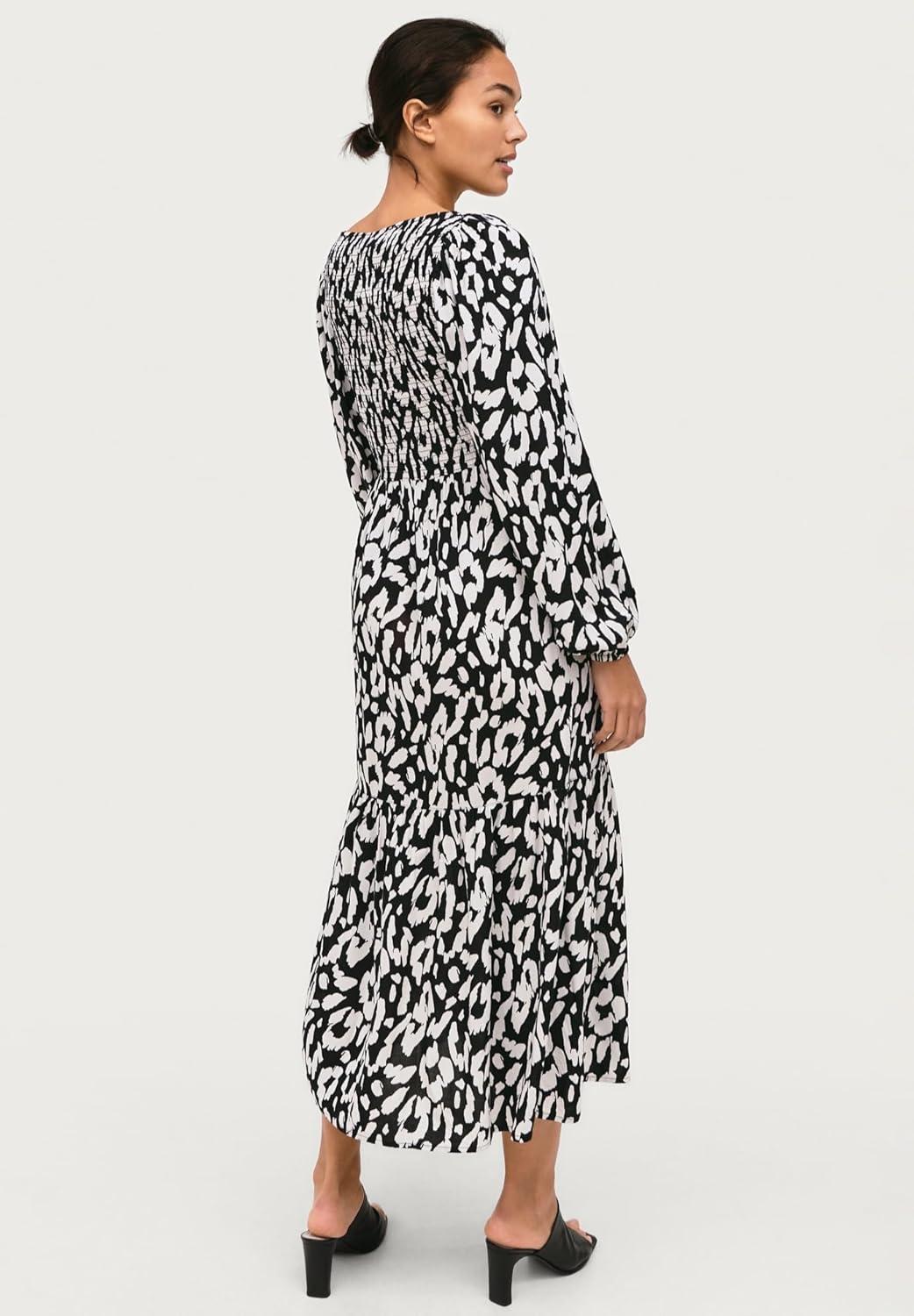 image:imageEllos Plus Size Smocked Bodice Tiered Midi DressBlack Ivory Print