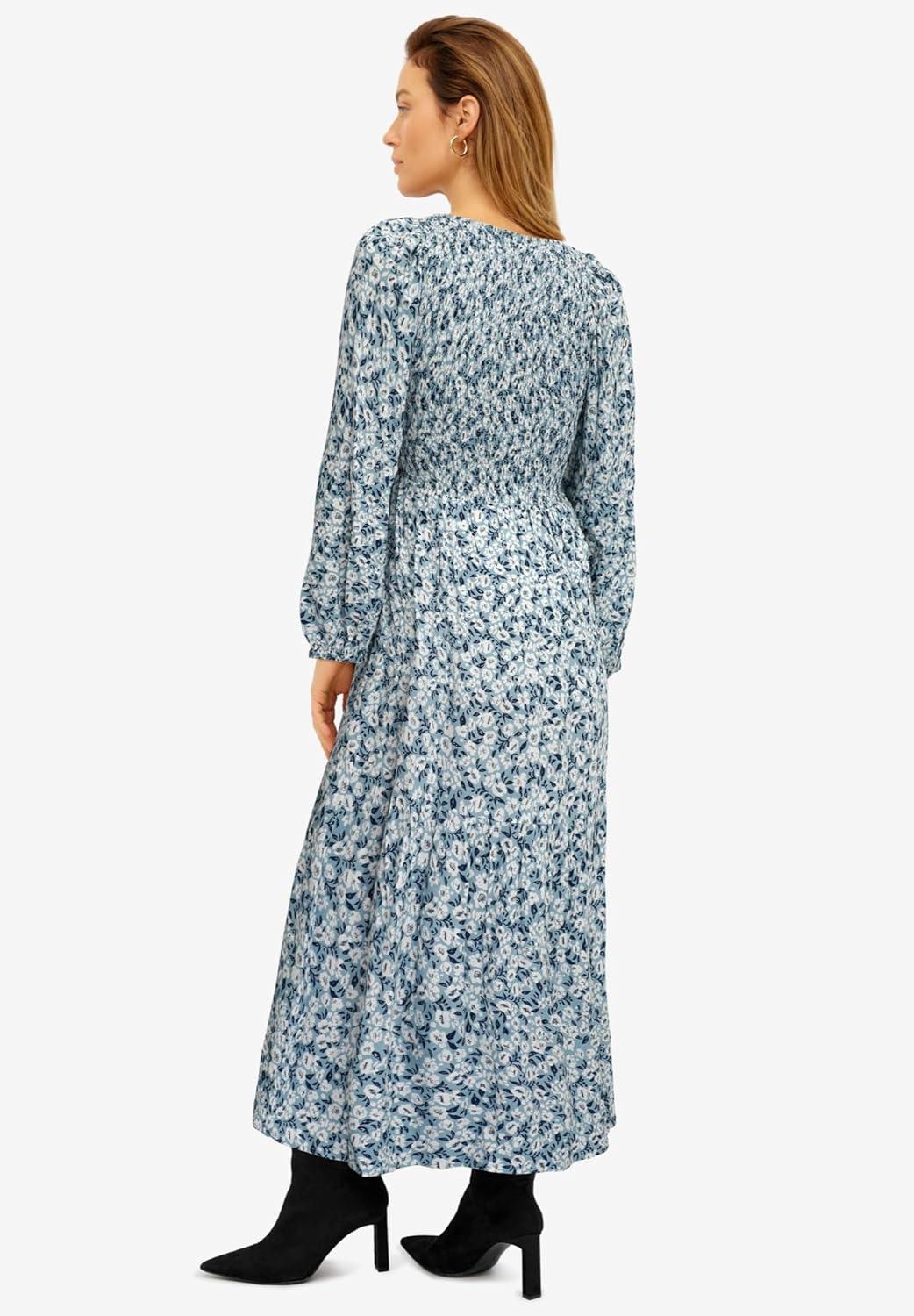 image:imageEllos Plus Size Smocked Bodice Tiered Midi DressBlue Lake Floral