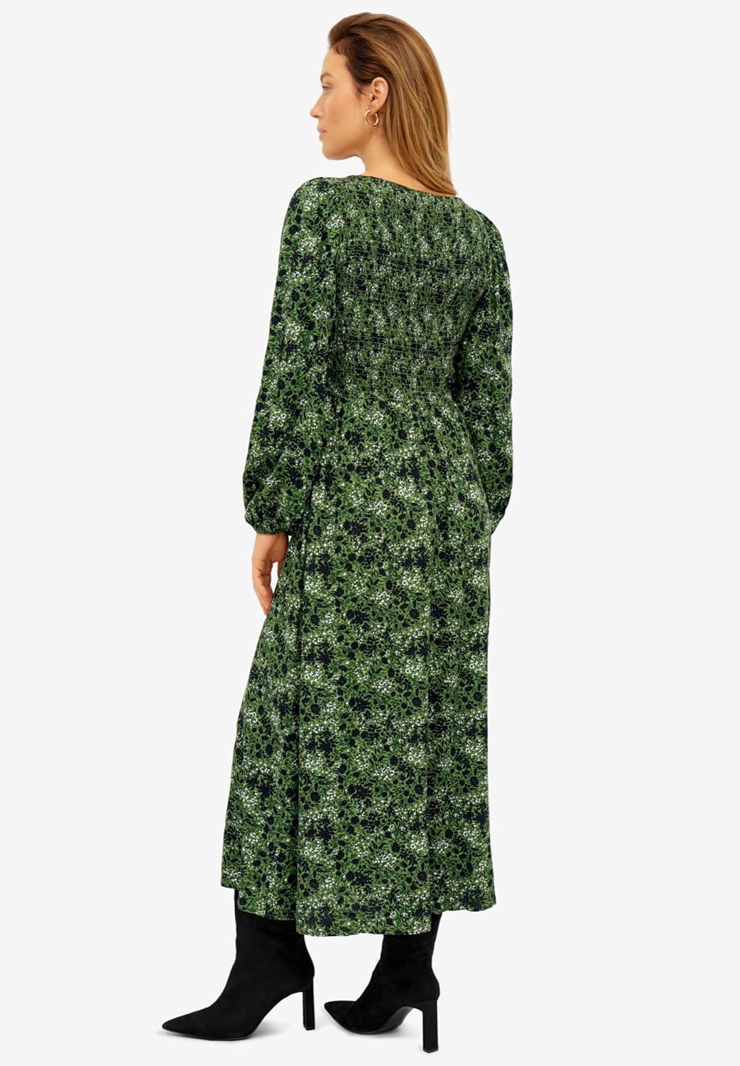 image:imageEllos Plus Size Smocked Bodice Tiered Midi DressGreen Vine Ditsy