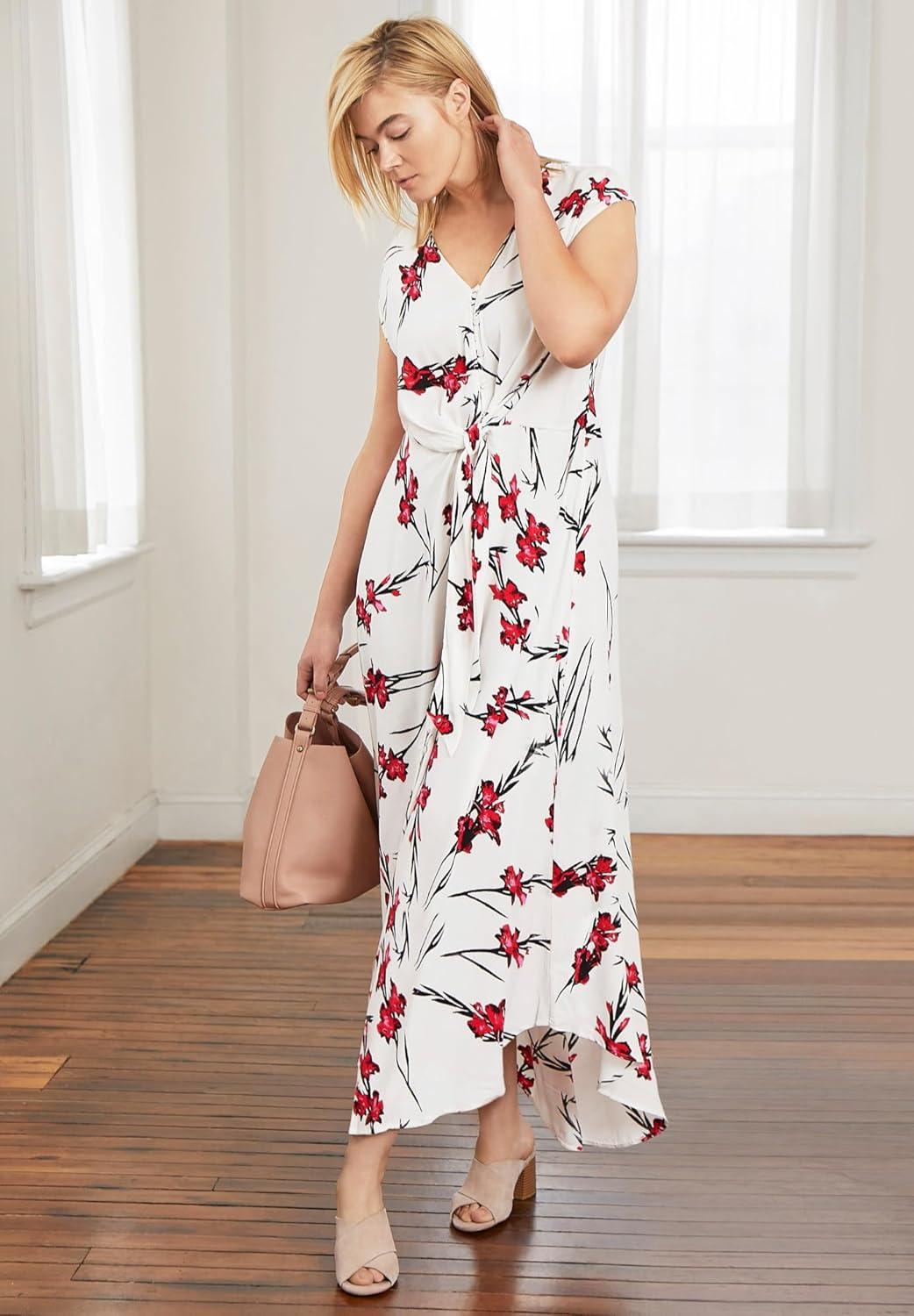 image:imageEllos Plus Size TieFront Maxi DressWhite Red Print