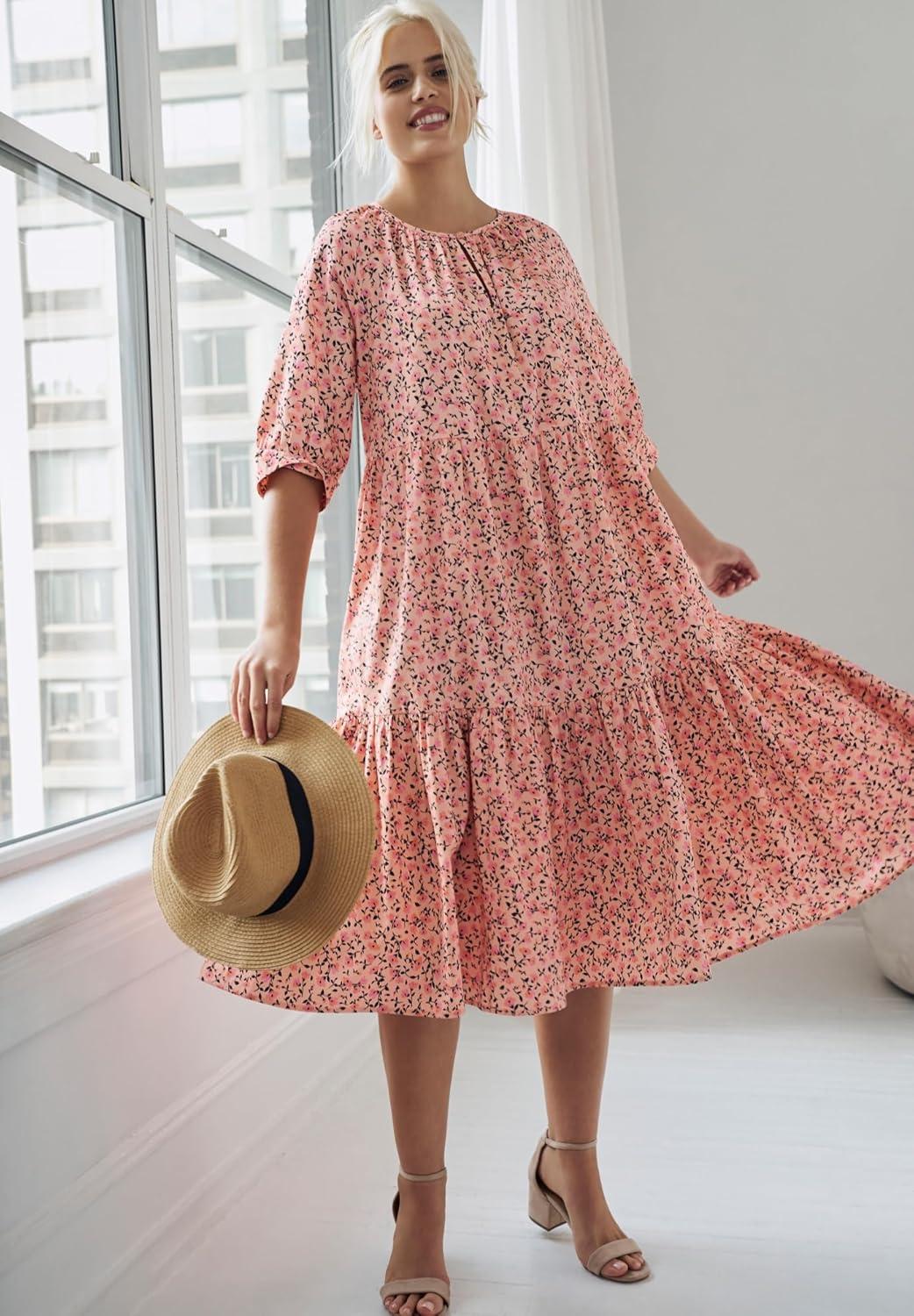 image:imageEllos Plus Size Tiered Cotton Midi DressBlue Violet Print