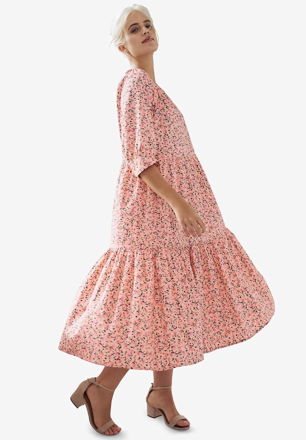 image:imageEllos Plus Size Tiered Cotton Midi DressBlue Violet Print