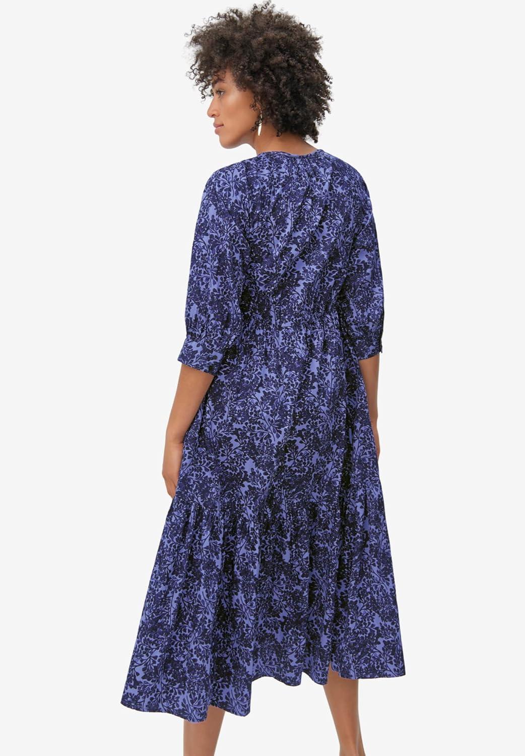 image:imageEllos Plus Size Tiered Cotton Midi DressBlue Violet Print