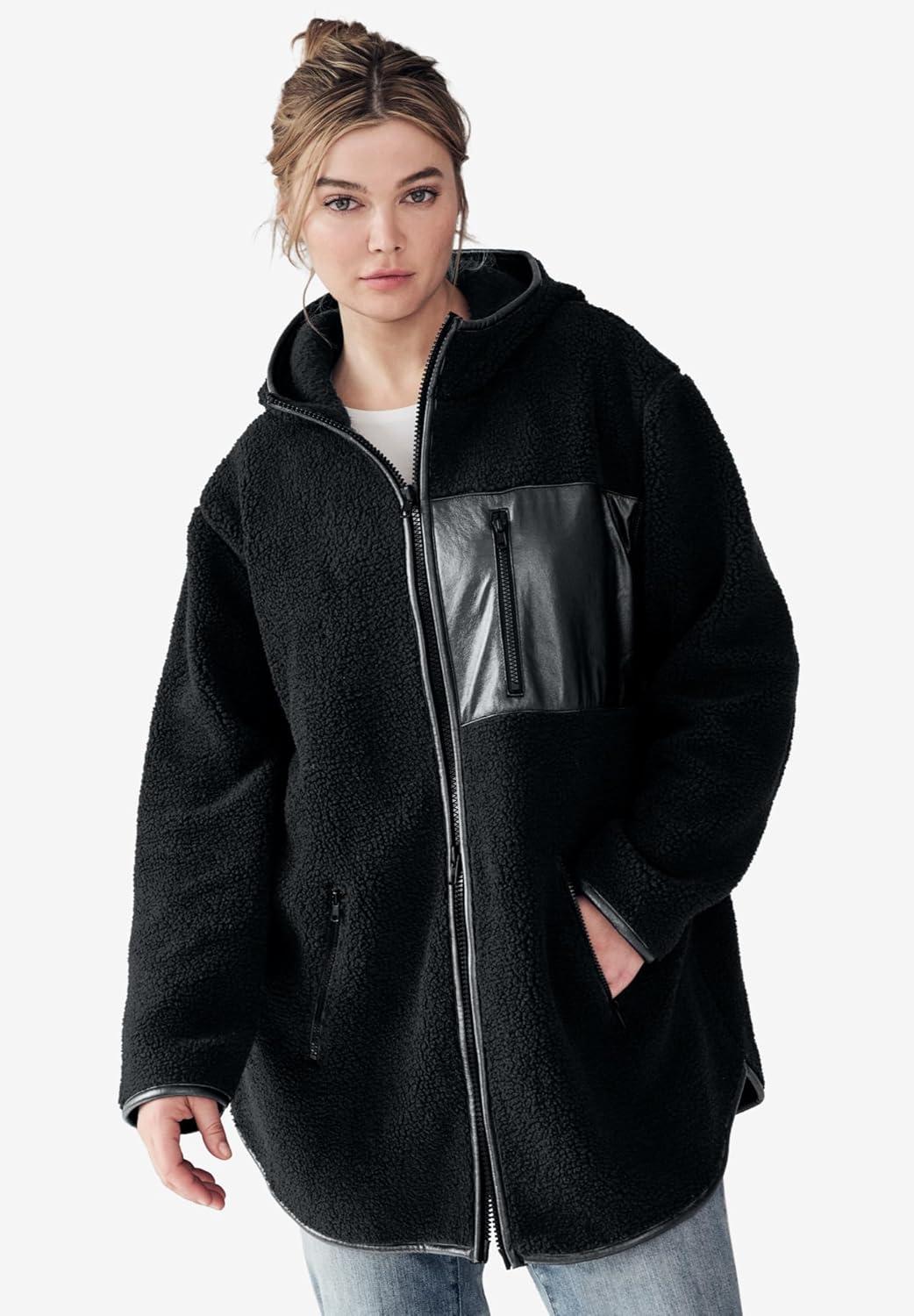 image:imageEllos Plus Size Zip Front Hooded Sherpa JacketBlack