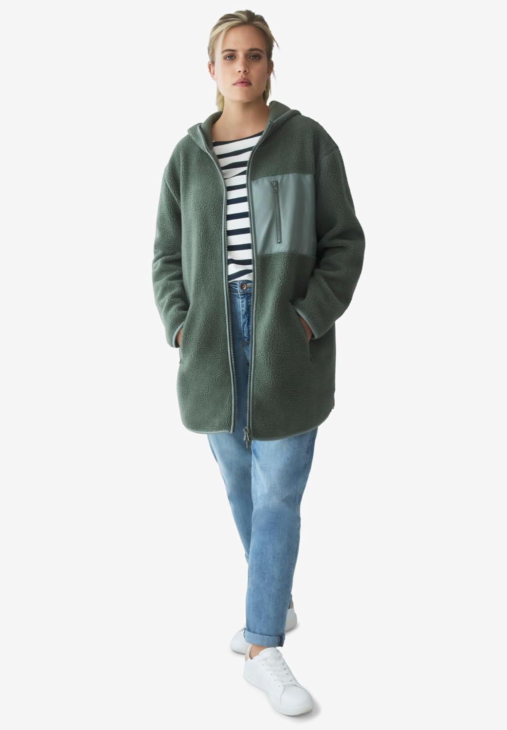 image:imageEllos Plus Size Zip Front Hooded Sherpa JacketDesert Green