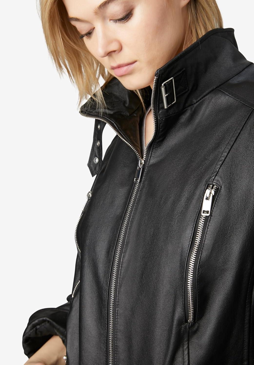 image:imageEllos Plus Size Zip Front Leather JacketBlack