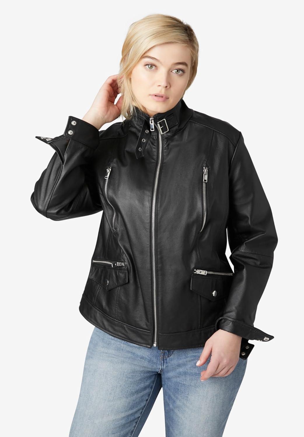 image:imageEllos Plus Size Zip Front Leather JacketBlack