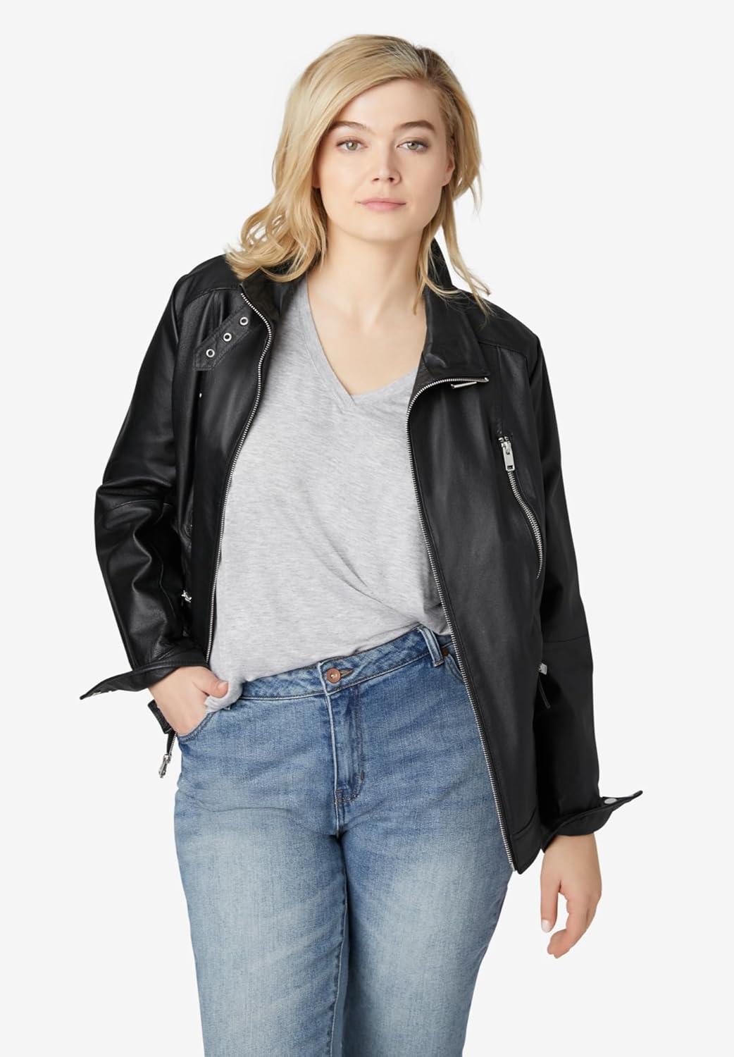 image:imageEllos Plus Size Zip Front Leather JacketBlack