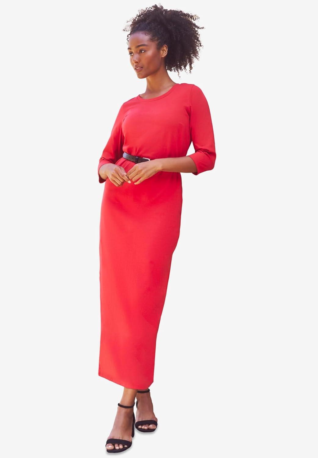 image:imageellos Plus Size Cotton Spandex Crew Neck 34 Sleeve Maxi DressBlack