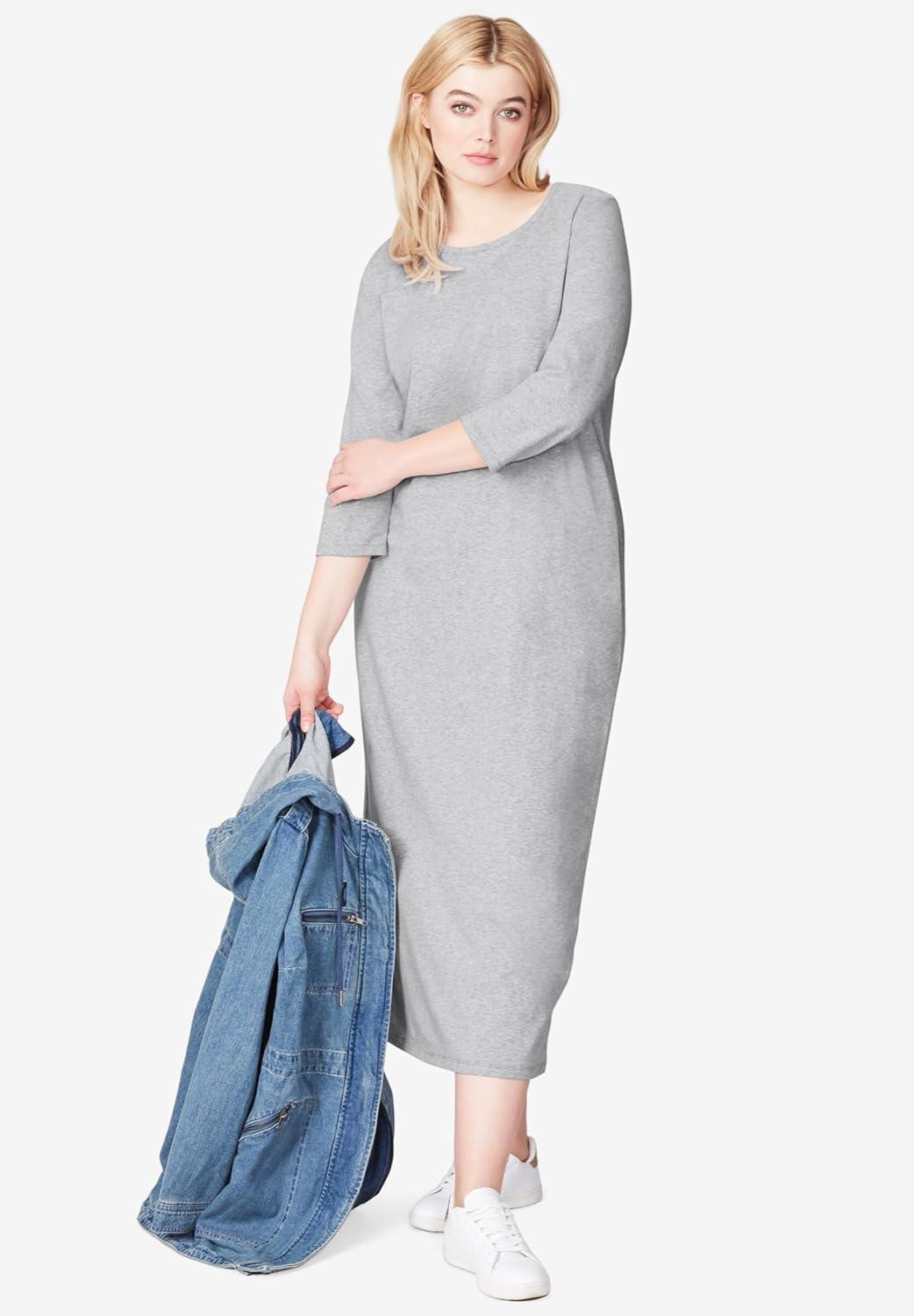 image:imageellos Plus Size Cotton Spandex Crew Neck 34 Sleeve Maxi DressDeep Wine