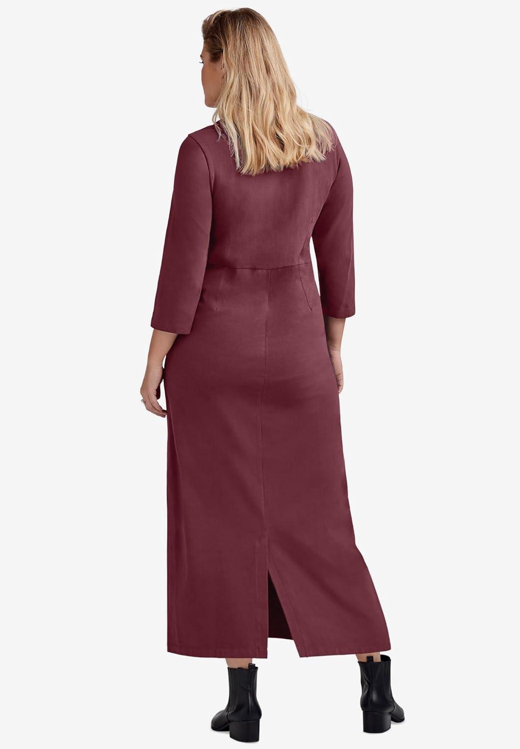 image:imageellos Plus Size Cotton Spandex Crew Neck 34 Sleeve Maxi DressDeep Wine