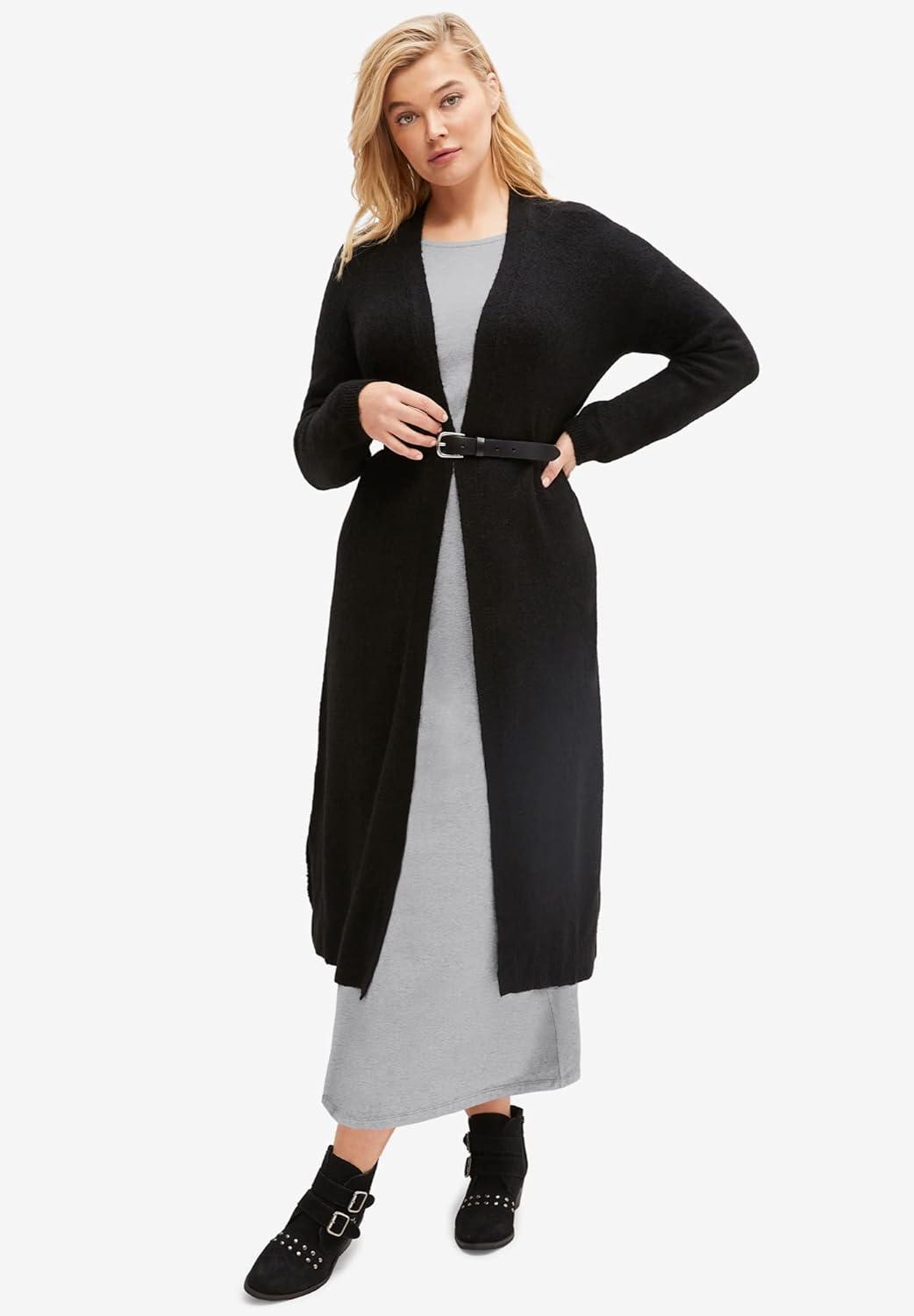 image:imageellos Plus Size Cotton Spandex Crew Neck 34 Sleeve Maxi DressHeather Grey