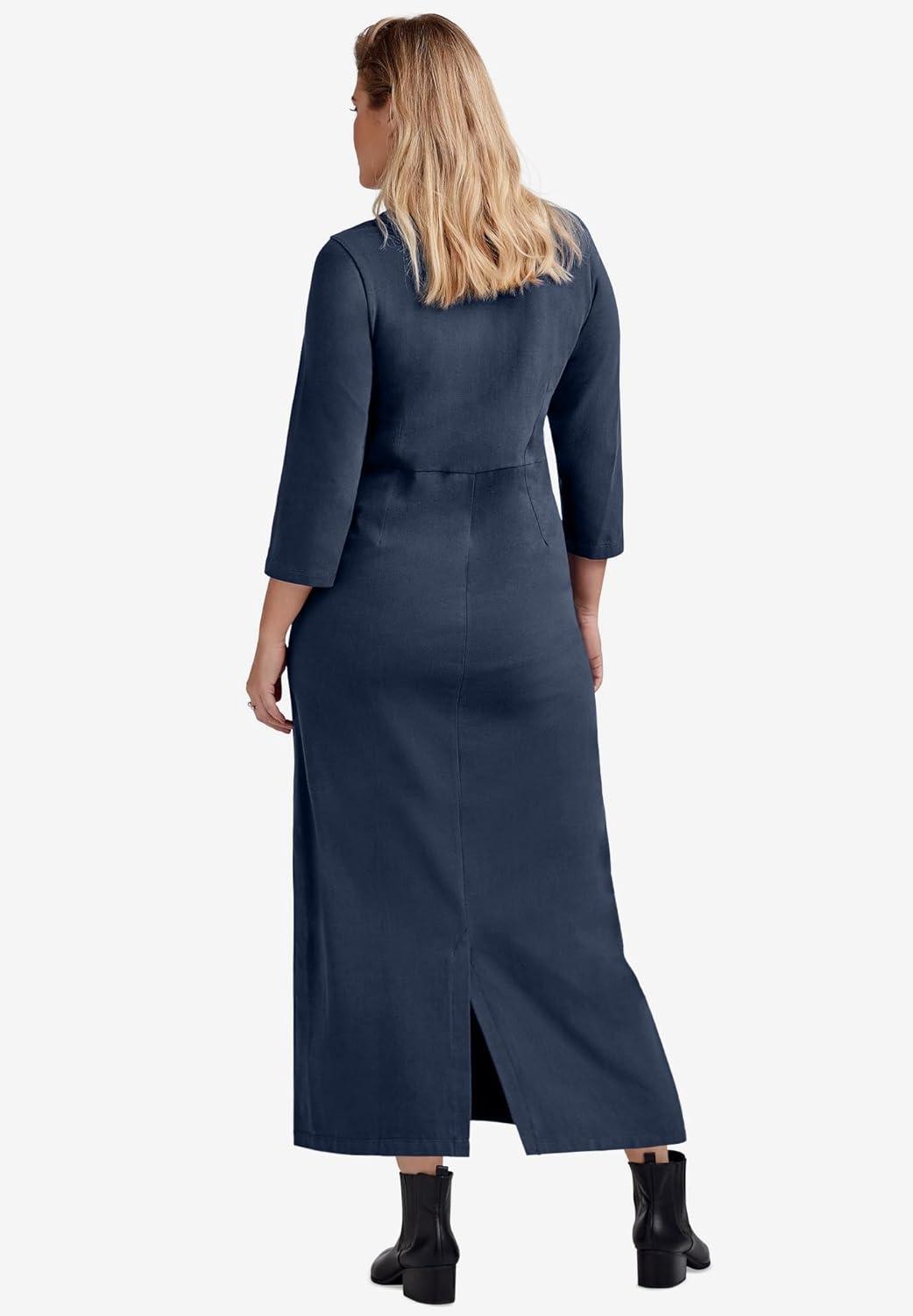 image:imageellos Plus Size Cotton Spandex Crew Neck 34 Sleeve Maxi DressNavy