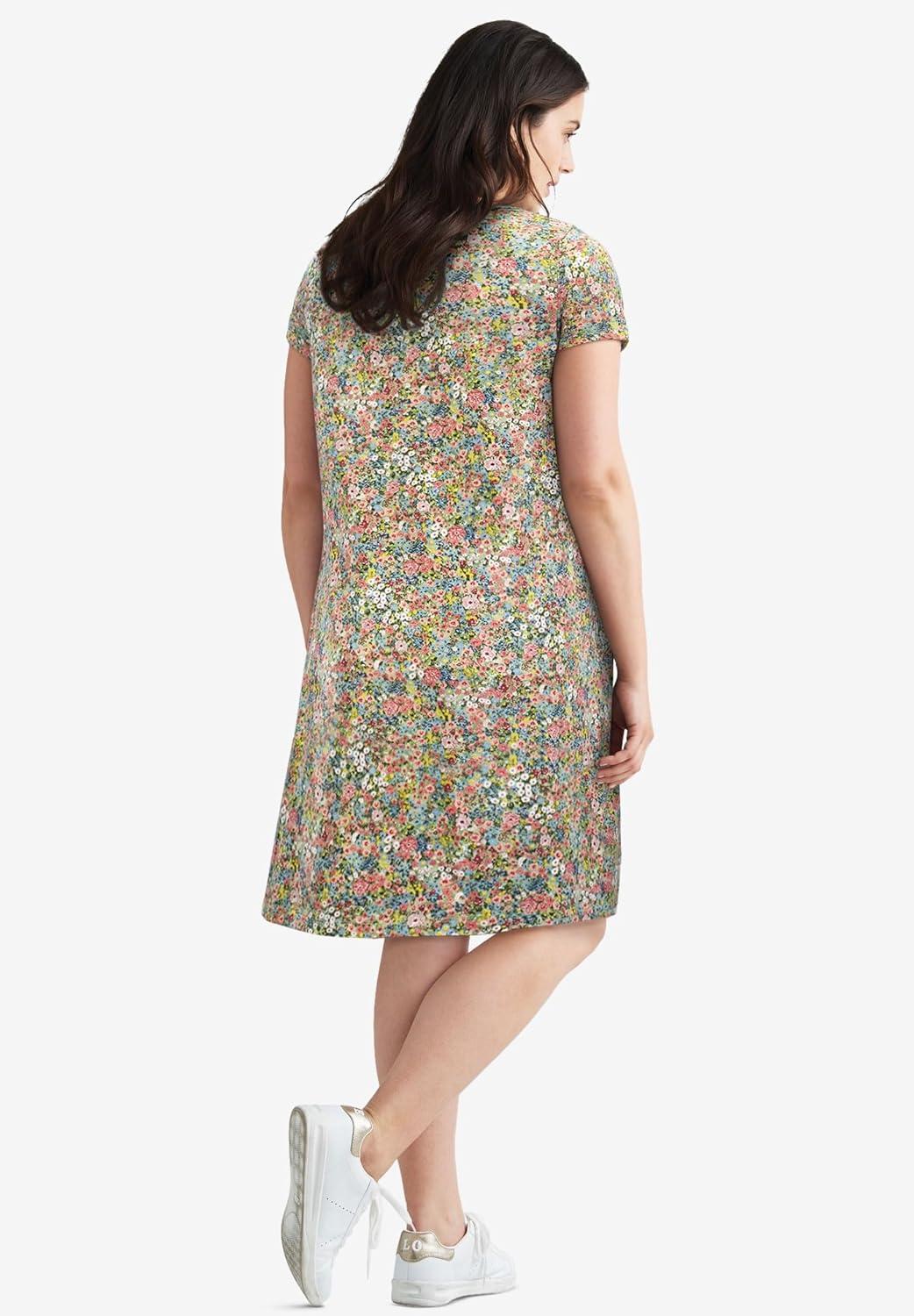 image:imageellos Plus Size Cotton Spandex Scoop Neck Short Sleeve A Line Tee DressGrey Spruce Ditsy Floral